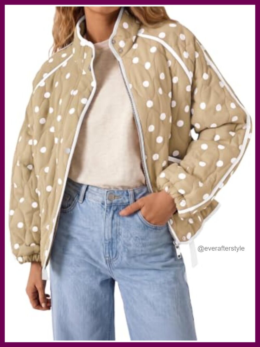 Tankaneo Quilted Lightweight Zip Up Jacket Polka Dot Retro Coat